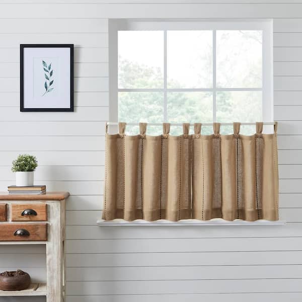 VHC BRANDS Stitched Burlap 36 in. W x 24 in. L Light Filtering Tier Window Panel in Natural Tan Soft Black Pair