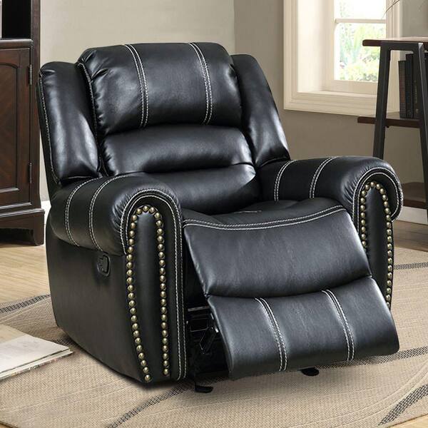 Benjara Frederick Transitional Black, Black Leather Glider Recliner Chair