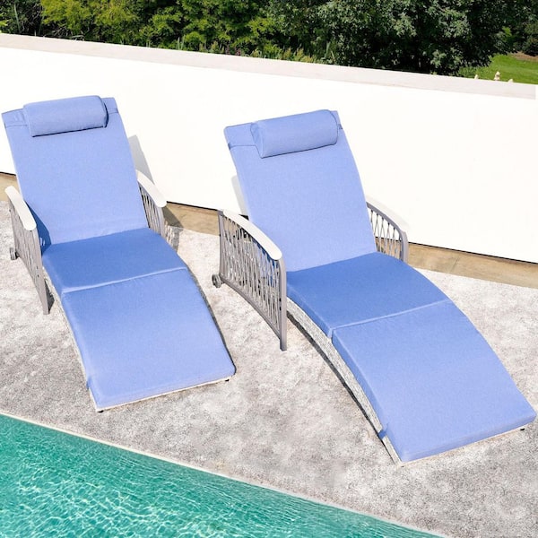 2-Piece Gray Wicker Outdoor Chaise Lounge with Blue Cushion