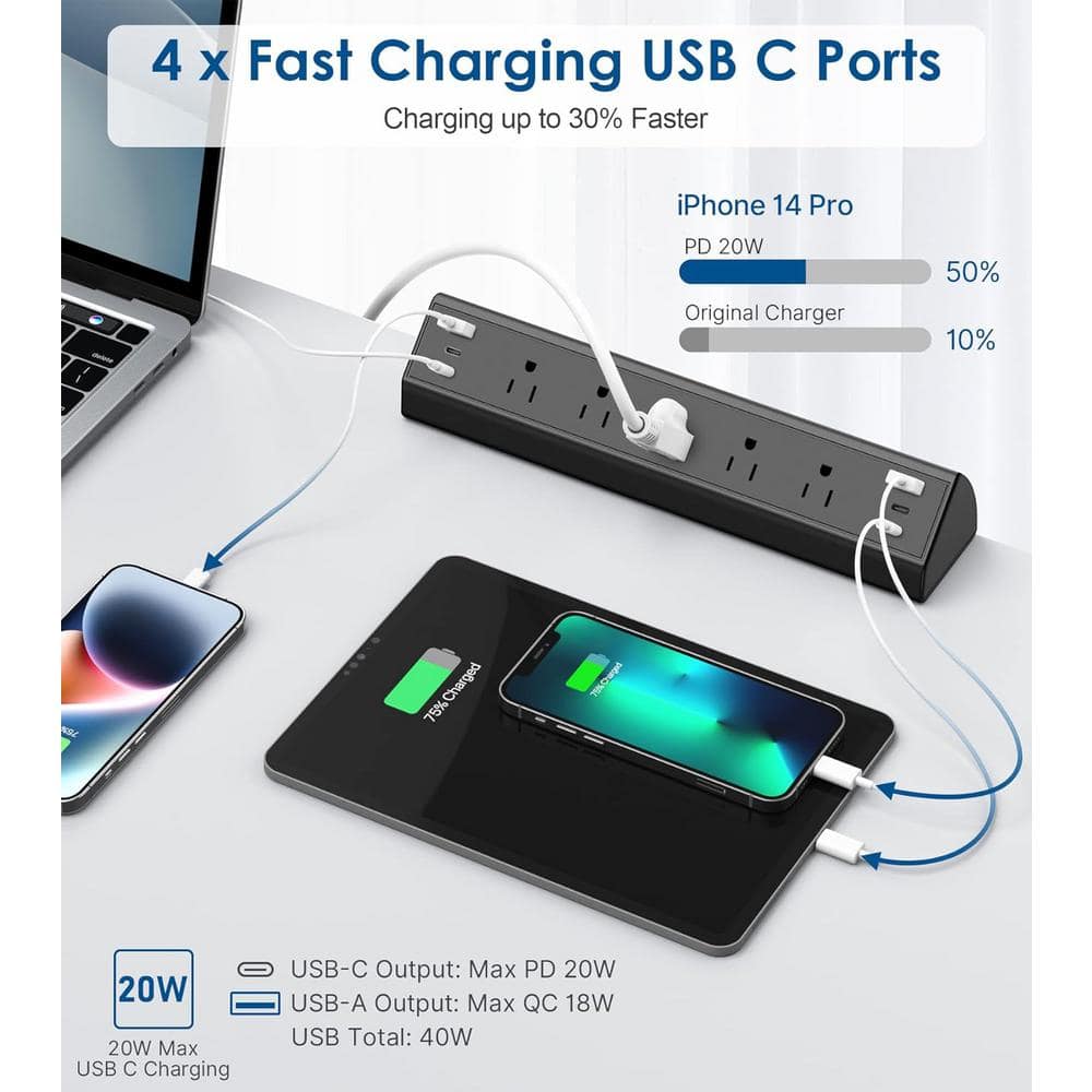 Black Desk Clamp Power Strip with USB-C and 5 AC Outlets