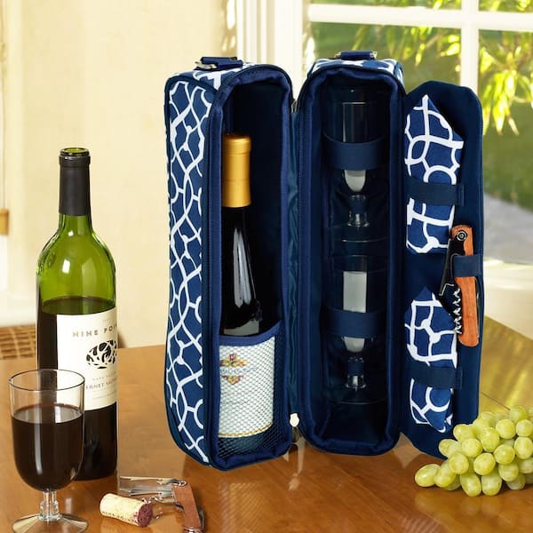 Sunset Trellis Blue Collection Wine Tote for 2 with Glasses