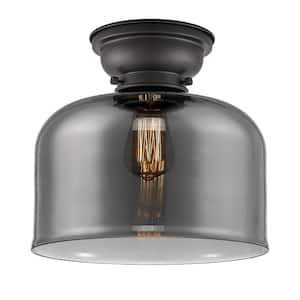 Aditi Bell 12 in. 1-Light Matte Black Flush Mount with Plated Smoke Glass Shade
