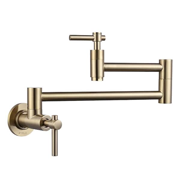 WOWOW Wall Mounted Pot Filler with Double Handles in Brushed Gold