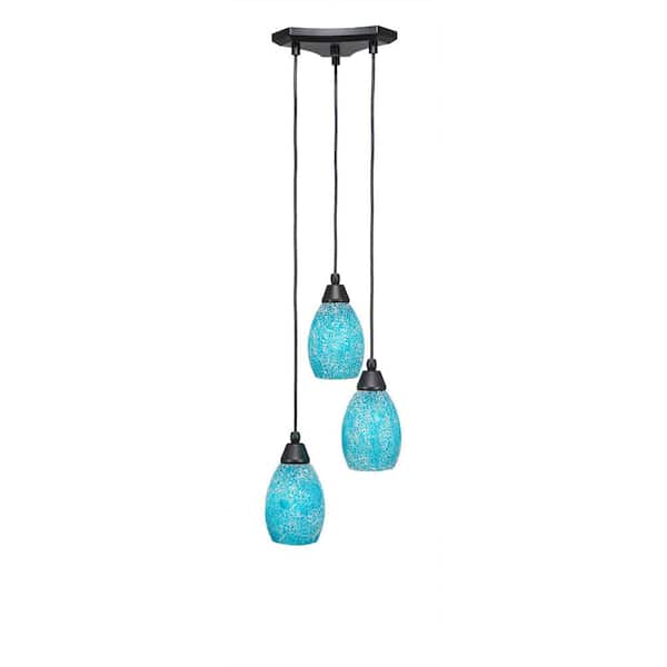 Unbranded Condor 3 Light Matte Black, Cluster Pendant Light with 5 in. Turquoise Fusion Glass Shades, No bulbs included
