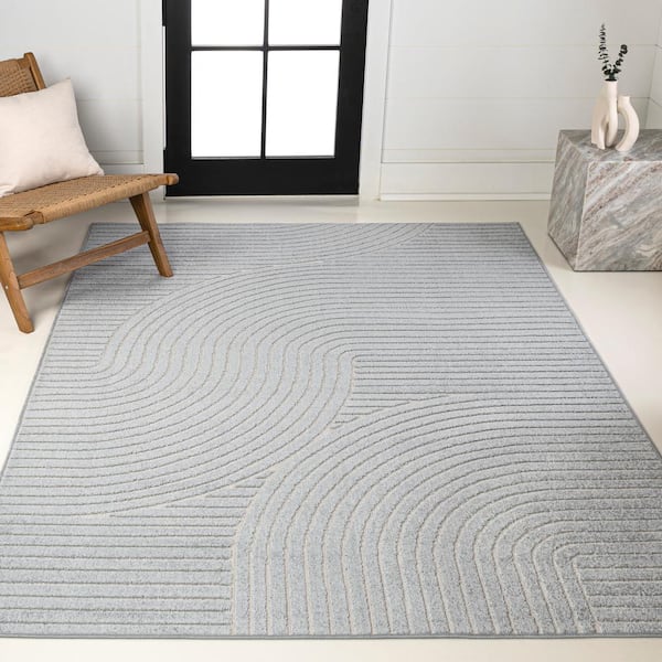 Hallie High-Low Minimalist Curve Geometric Light Blue/Cream 3 ft. x 5 ft. Indoor/Outdoor Area Rug