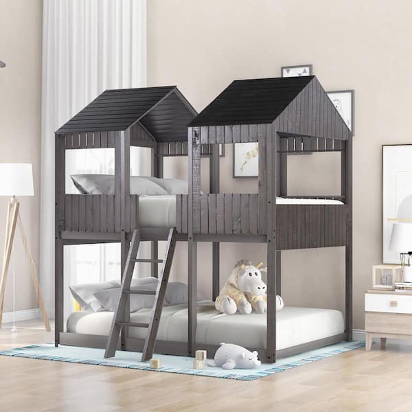 Harper & Bright Designs Antique Gray Full Over Full Wooden Bunk Bed with Roof, Window, Safety Guardrail, and Ladder