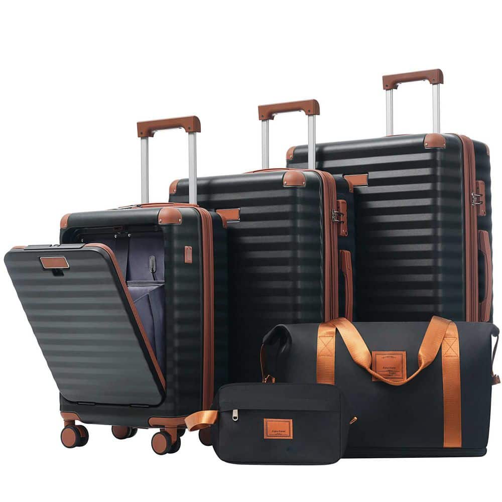 Polibi 5-Piece Black Brown Hardside Luggage Set w/ Spinner Wheels