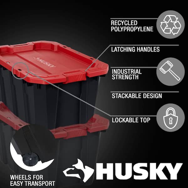 45 Gal. Latch and Stack Tote with Wheels in Black with Red Lid