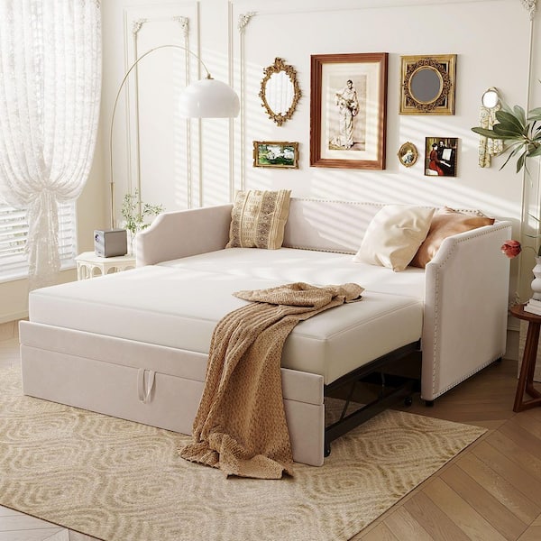 Violet Modern Beige Upholstered Velvet Twin Size Daybed with Lift-Up Trundle, Nailhead Trim