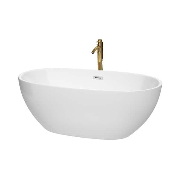 Wyndham Collection Juno 63 in. Acrylic Flatbottom Bathtub in White with Polished Chrome Trim and Brushed Gold Faucet