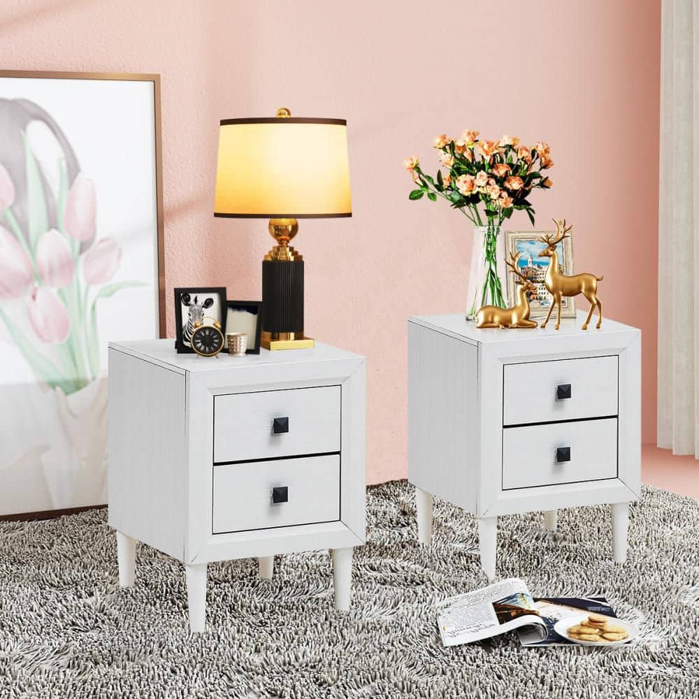 16 in. White 2-Drawer Nightstand End Bedside Coffee Table Wooden Leg Storage Drawers (Set of 2)