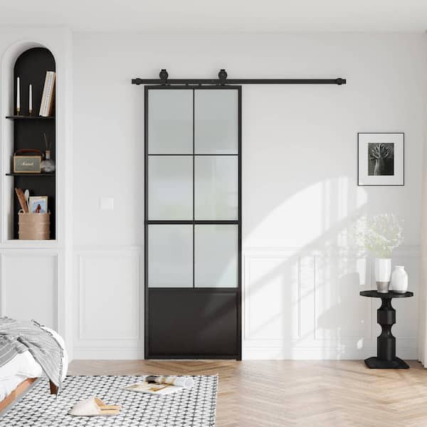 30 in. x 84 in. 3/4 Lites Frosted Glass Black Steel Frame Interior Barn Door with Sliding Hardware Kit