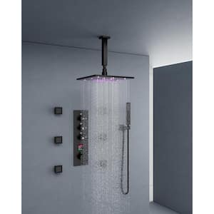 Thermostatic 7-Spray Ceiling Mount 12 in. Square Shower Head with 3-color LED and Valve in Matte Black