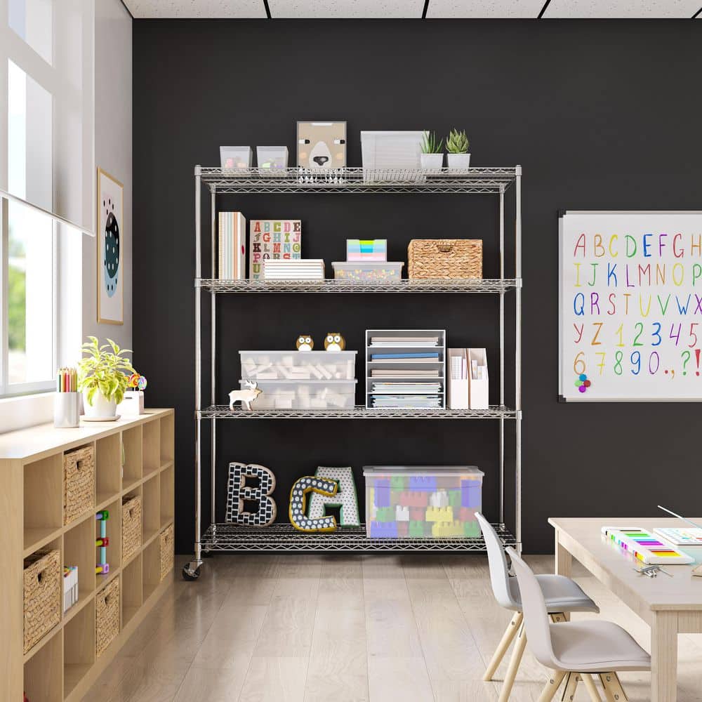 Versatile Chrome 4-Tier Steel Wire Adjustable Shelving Unit with Wheels