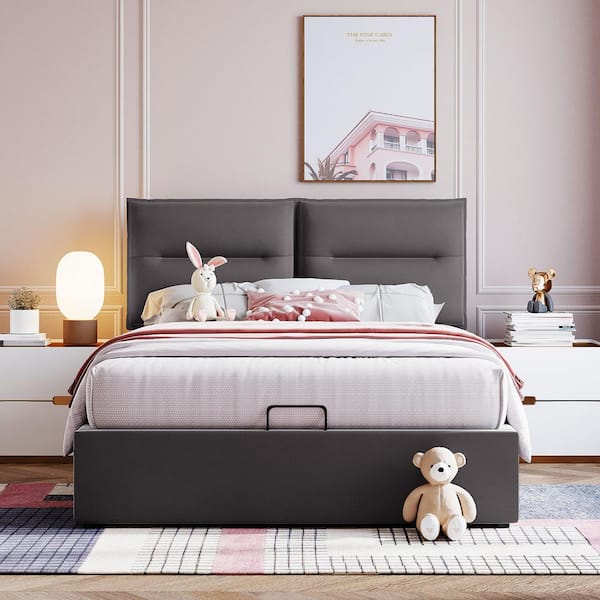 Polibi Gray Wood Frame Full Size Upholstered Platform Bed with a Hydraulic Storage System