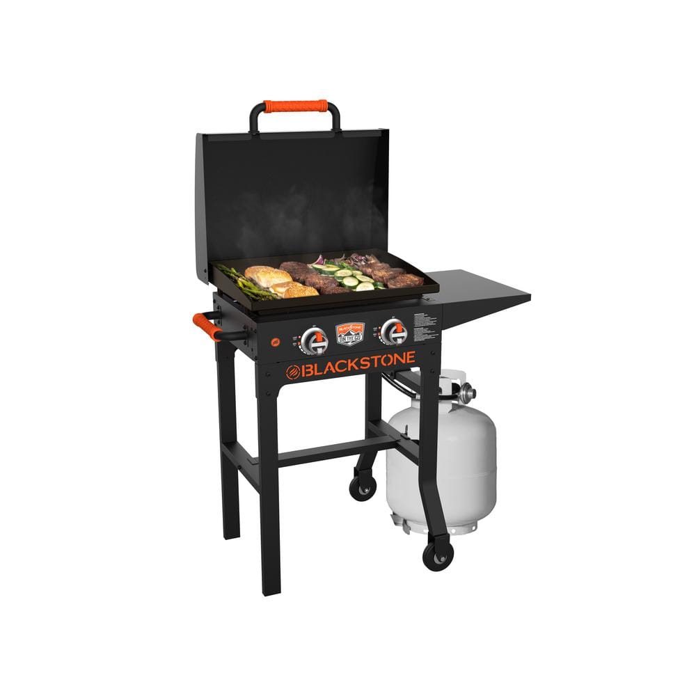 On The Go 2-Burner Propane Gas Grill 22 in. Flat Top Griddle in Black with Hood - 1