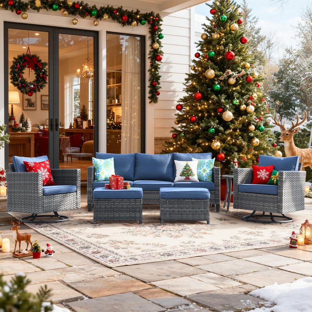 New Vultros Gray 6-Piece Wicker Outdoor Patio Conversation Set with Denim Blue Cushions and Swivel Rocking Chairs price history on PriceWatchPro