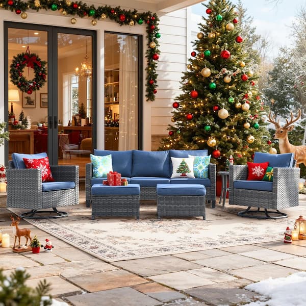 New Vultros Gray 6-Piece Wicker Outdoor Patio Conversation Set with Denim Blue Cushions and Swivel Rocking Chairs