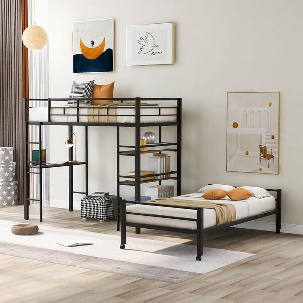ANBAZAR Black Twin Size Sturdy Metal Kids Bunk Bed with Desk and Shelves, Metal Loft Bed with Platform Bed, Can Be Detachable