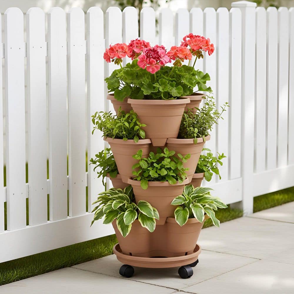 Vigoro Landan Medium Terracotta Resin 4-Tiered Planter Self Watering with Drainage Holes (15.5 in. L x 15 in. W x 25 in H) PHJF316TTT