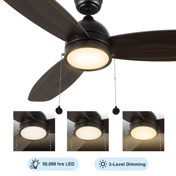 Troyes 52 in. Indoor Black Downrod Standard 3-Speed DC Ceiling Fan with Dimmable LED and Pull Chain