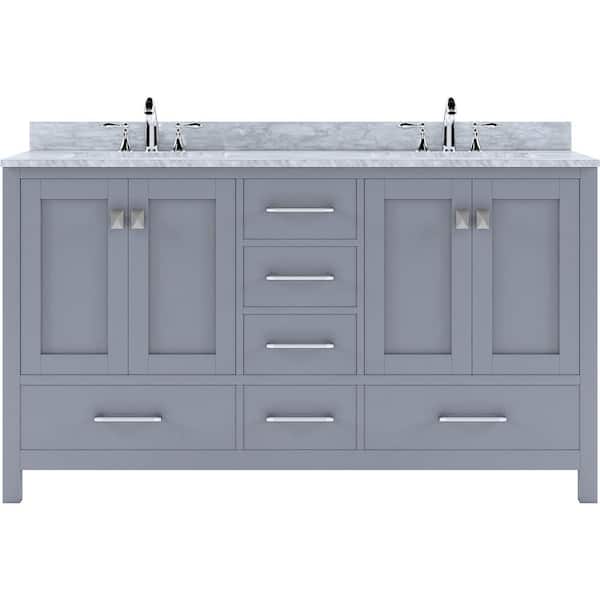 Virtu USA Caroline Avenue 60 in. W Bath Vanity in Gray with Marble Vanity Top in White with Round Basin