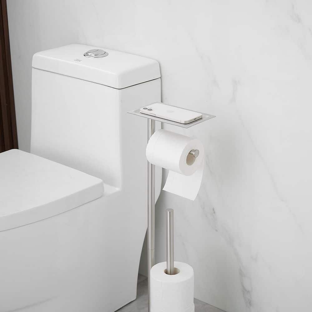 Brushed Nickel Freestanding Toilet Paper Holder with Storage Shelf