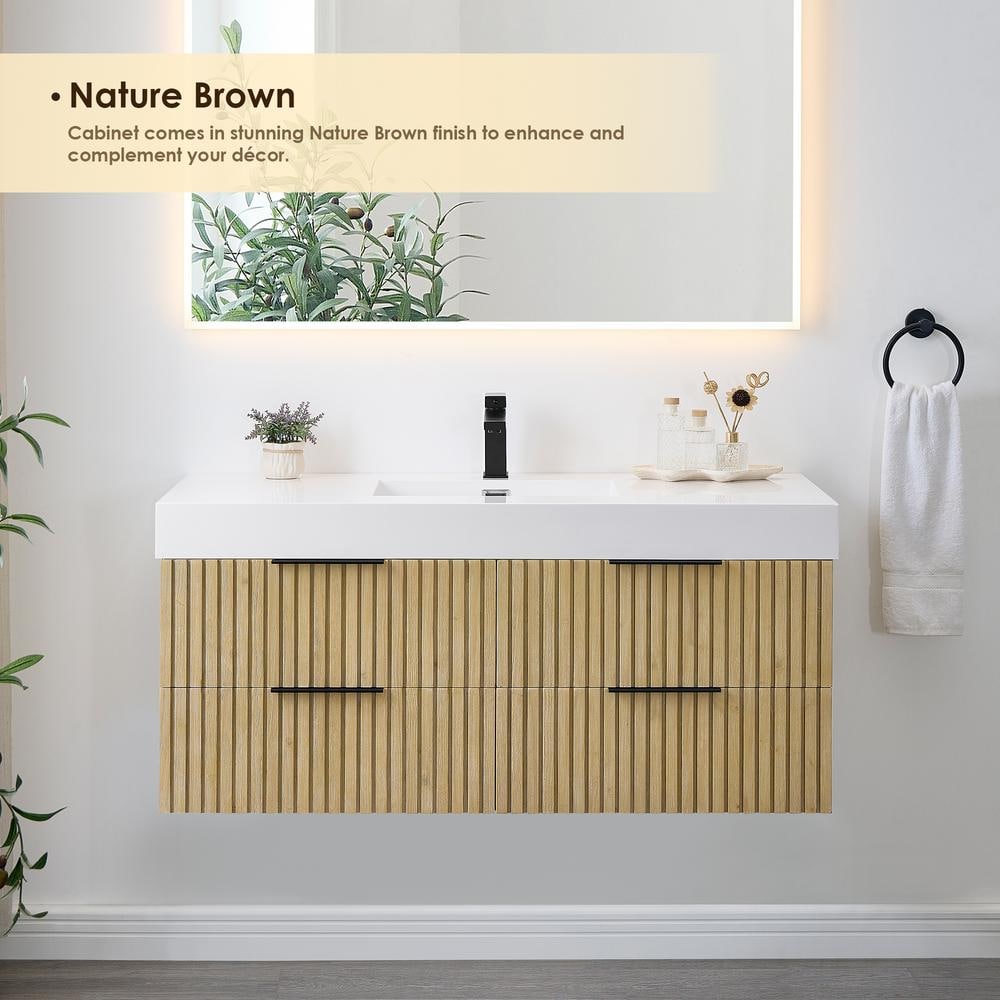 Livia 48" Nature Brown Fir Wood Wall-Mounted Vanity with White Sink