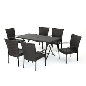 Multi-Brown 7-Piece Faux Rattan and Metal Rectangular Outdoor Dining Set