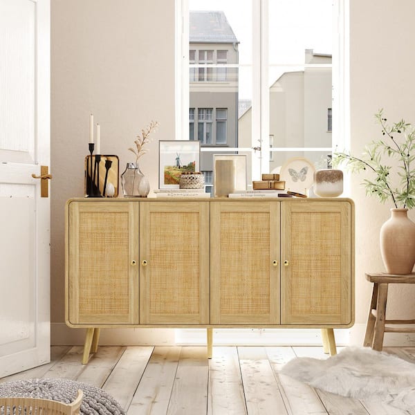 FUFU&GAGA Burly Wood Grain Yellow 32.1 in. H Accent Storage Cabinet, Bookcase, Sideboard with 8-Shelves and Rattan Weaving Doors