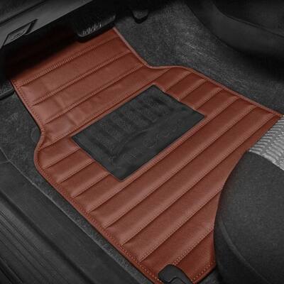 Brown 4-Piece Luxury Universal Liners Heavy Duty Anti-Slip Backing Faux Leather Striped Car Floor Mats