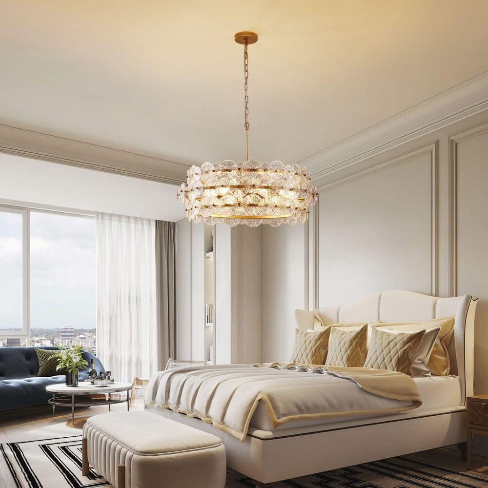 Gold Drum Chandelier with Hand-Made Glass Discs