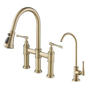 Allyn Transitional 2-Handle Bridge Kitchen Faucet and Water Filtration Faucet in Brushed Gold