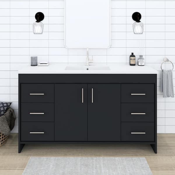 Rio 60 in. W x 20 in. D x 35 in. H Bathroom Vanity Side Cabinet in Black with White Acrylic Vanity Top
