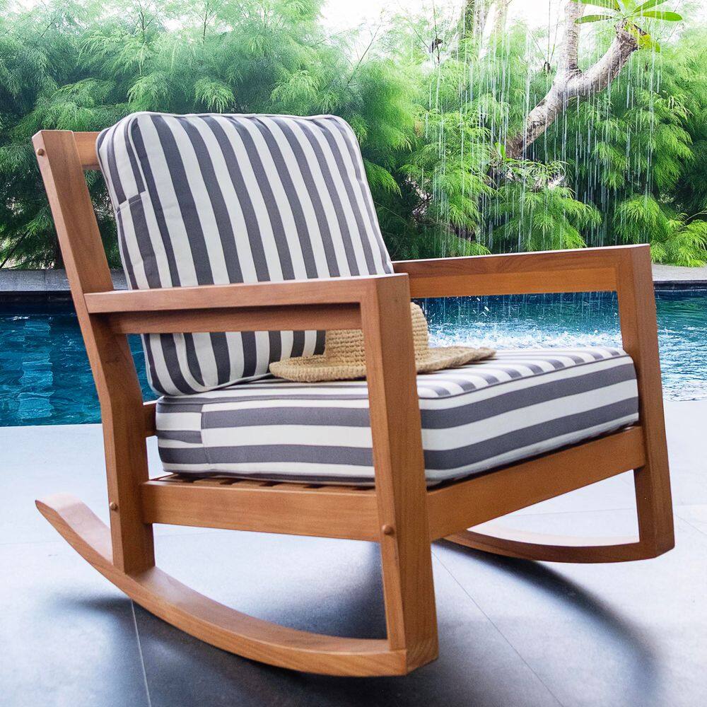 Klano Teak Wood Outdoor Rocking Chair with Stripe White Gray Cushion price history on PriceWatchPro
