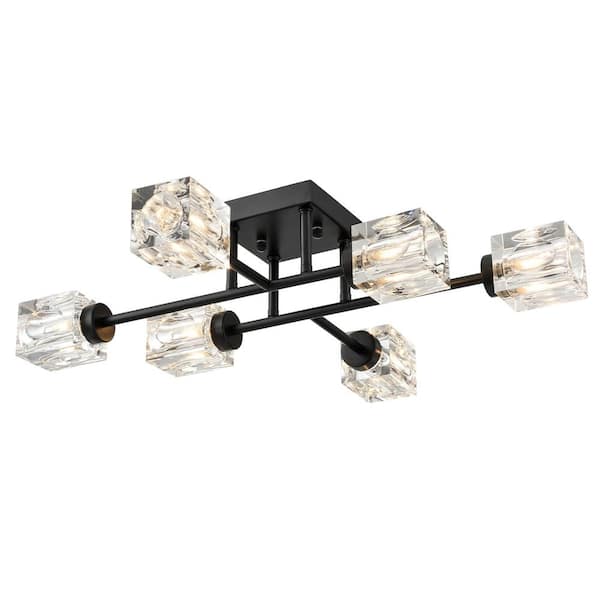 CLAXY 24 in. 6-Light Black Modern Semi-Flush Mount with Crystal Shade and No Bulbs Included