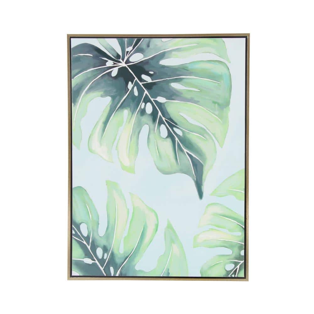 Green Monstera Leaf Abstract Canvas Wall Art with Gold Frame