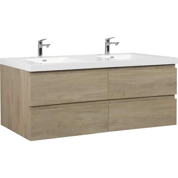 72 in. W Floating Double Sink Bath Vanity in Natural Oak with Gloss White Resin Top
