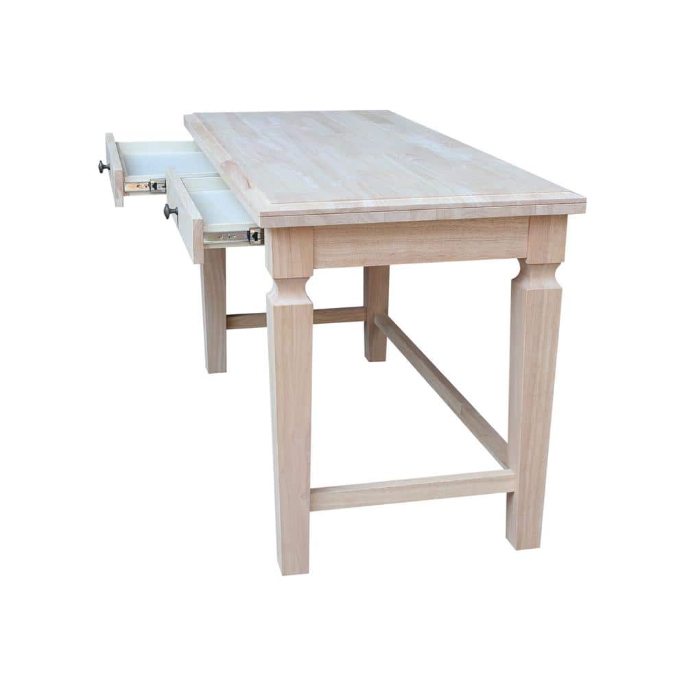 Front view of a wooden desk with two drawers and wood texture.