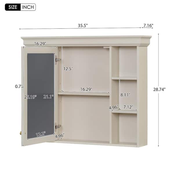DELUXE DL LIVING 35 in. W x 28 in. H Rectangular Beige Wood Bathroom Medicine Cabinet with Mirror, Soft Close Door, Easy Hang, Open Shelf