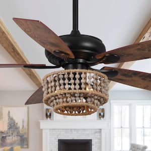 52 in. Indoor Farmhouse Wood Beads Matte Black Ceiling Fan with Remote Control and Light Kit