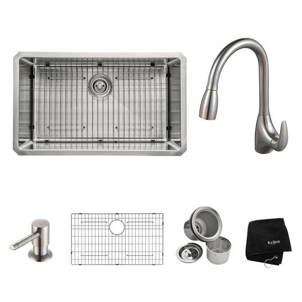 KRAUS All-in-One Undermount Stainless Steel 32 in. Single Bowl Kitchen Sink with Faucet and Accessories in Stainless Steel