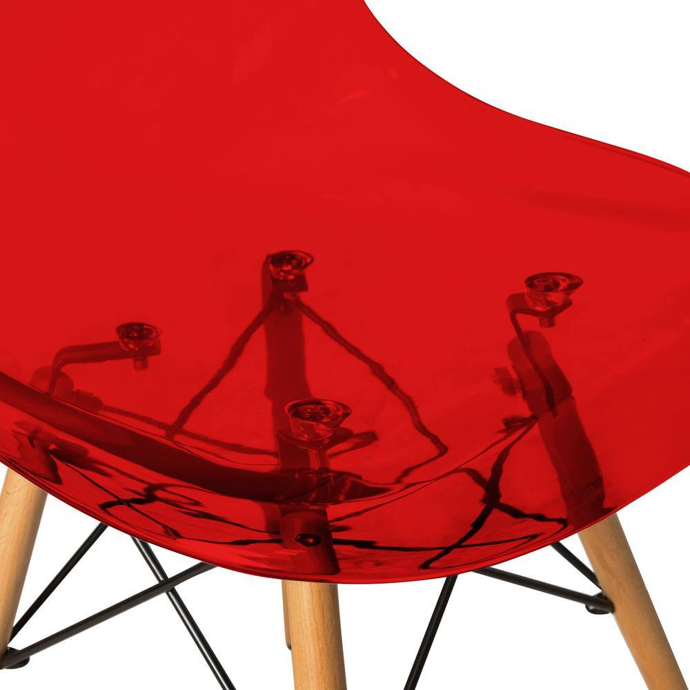 Transparent Red Molded Plastic Side Chair with Wooden Legs