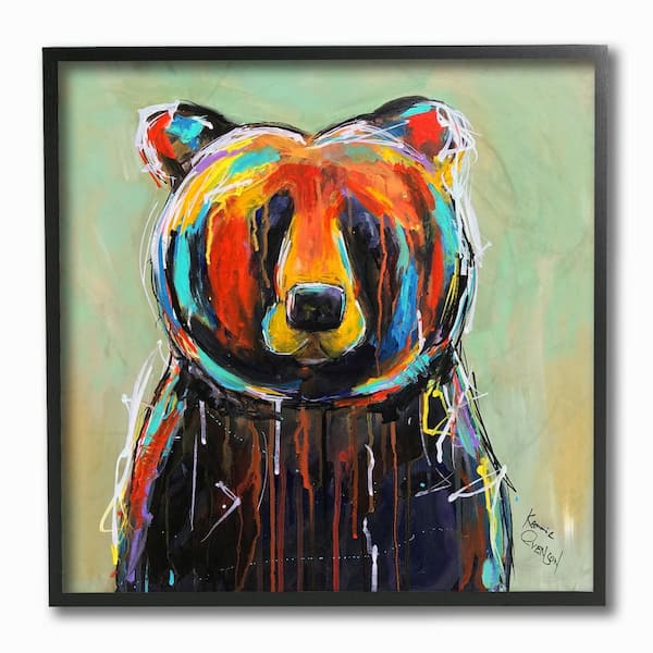 Stupell Industries 12 in. x 12 in. "Abstract Colorful Painted Black Bear" by Karrie Evenson Framed Wall Art