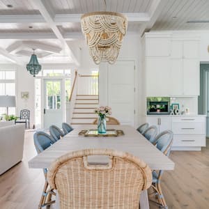 Modern Boho Dining Room Chandelier 4-Light Distressed White Island Chandelier with Wood Beads and Rope