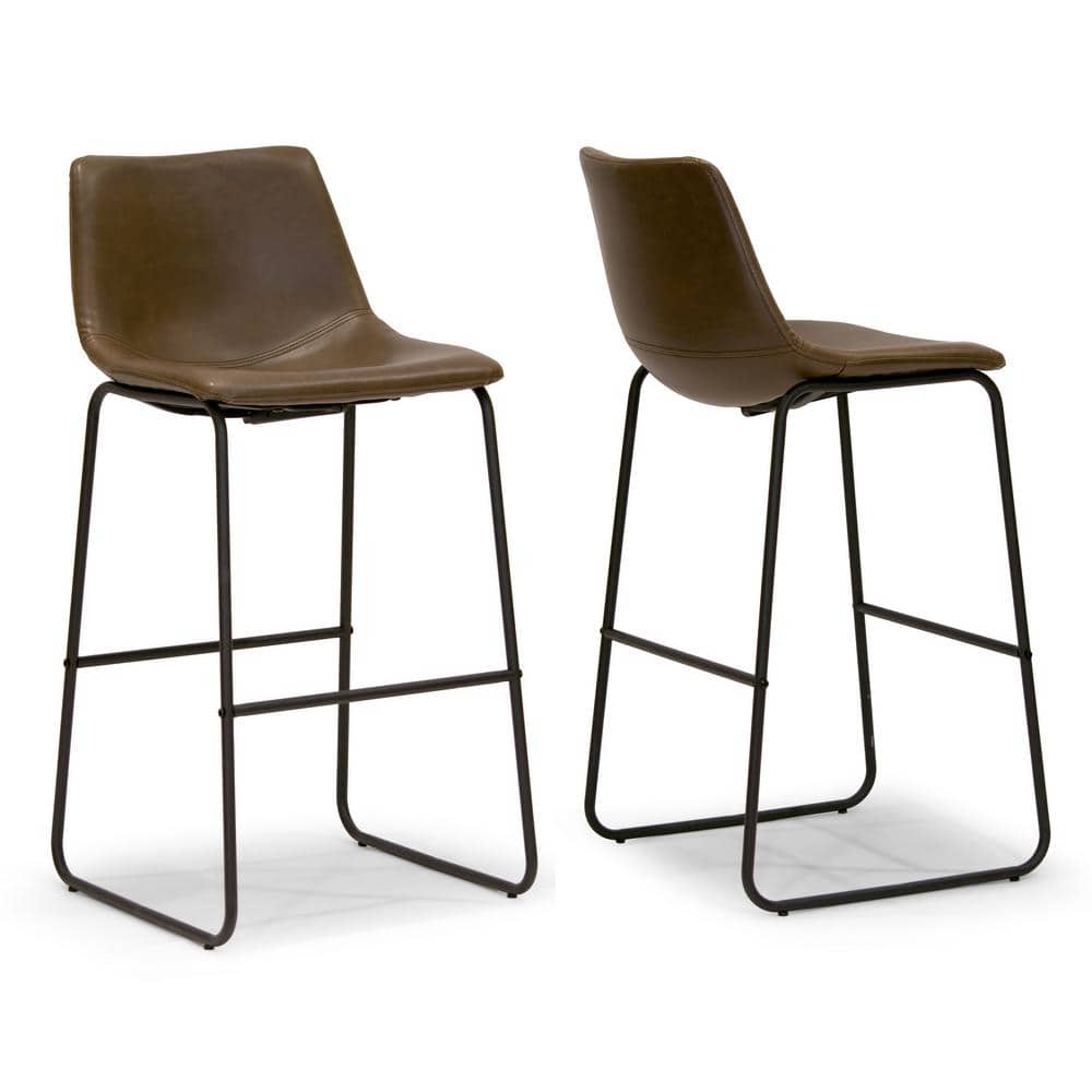 Adan Dark Brown Faux Leather Bar Stools with Metal Frame, Set of 2
