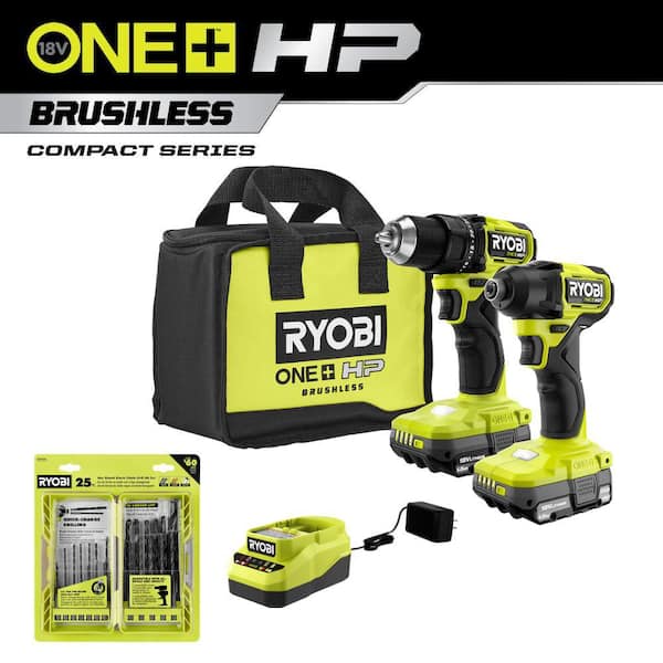 RYOBI ONE+ HP 18V Brushless Cordless Compact Drill & Impact Driver Kit w/(2) 1.5Ah Batteries, Charger, Bag, & 25-Piece Bit Set