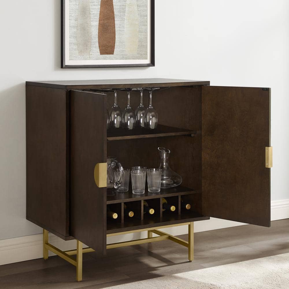 Blair Contemporary Dark Brown and Gold Bar Cabinet with Wine Storage