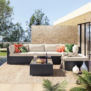 Outdoor Black 6-Piece Wicker Outdoor Patio Conversation Seating Set with Beige Cushions