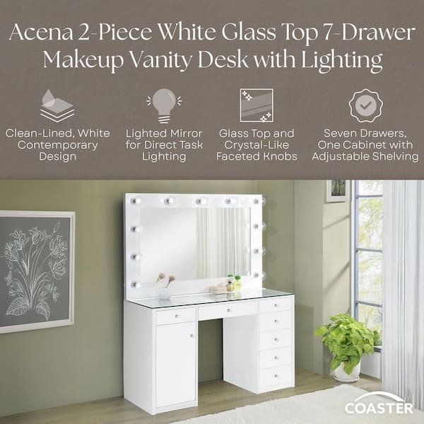 Acena 2-Piece White Glass Top 7-drawer Makeup Vanity Desk with Lighting